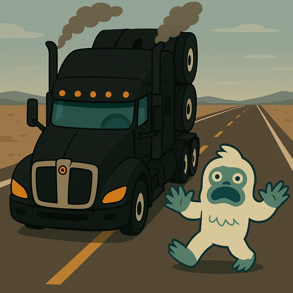 Place the small yeti (abominable snowman) on a long highway in front of the modern black Kenworth W680 flat top semi sleeper, top-down animated style, no text, make the road much longer. emoji