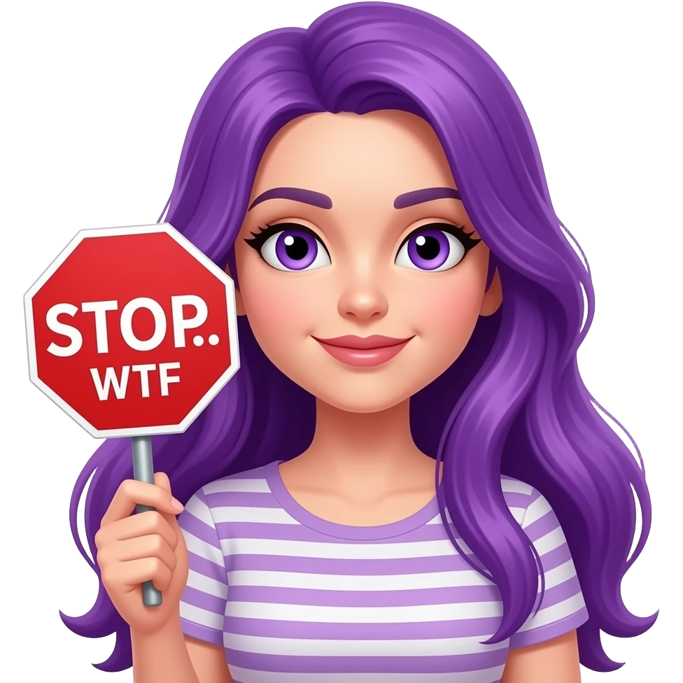 sexy girl with long purple hair and purple eyes holding a STOP... WTF sign emoji