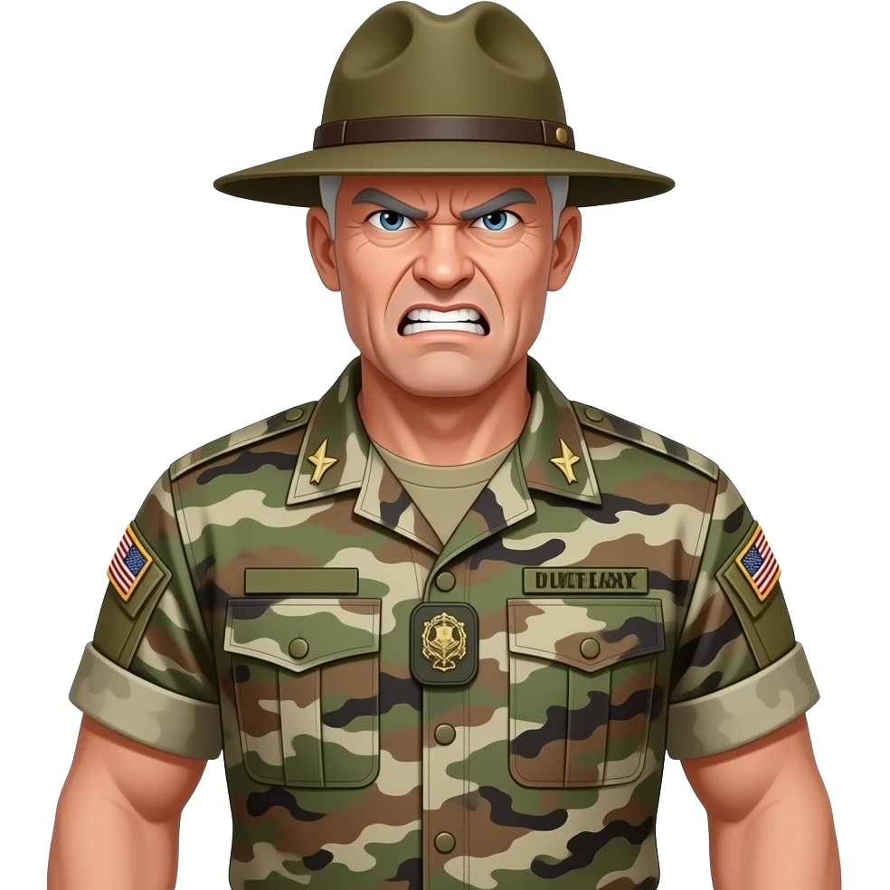 white drill sergeant character with gray hair. Wearing a classic drill sergeant hat, urban camouflage uniform, army shirt. The character should have an angry intense expression. full torso and arms emoji