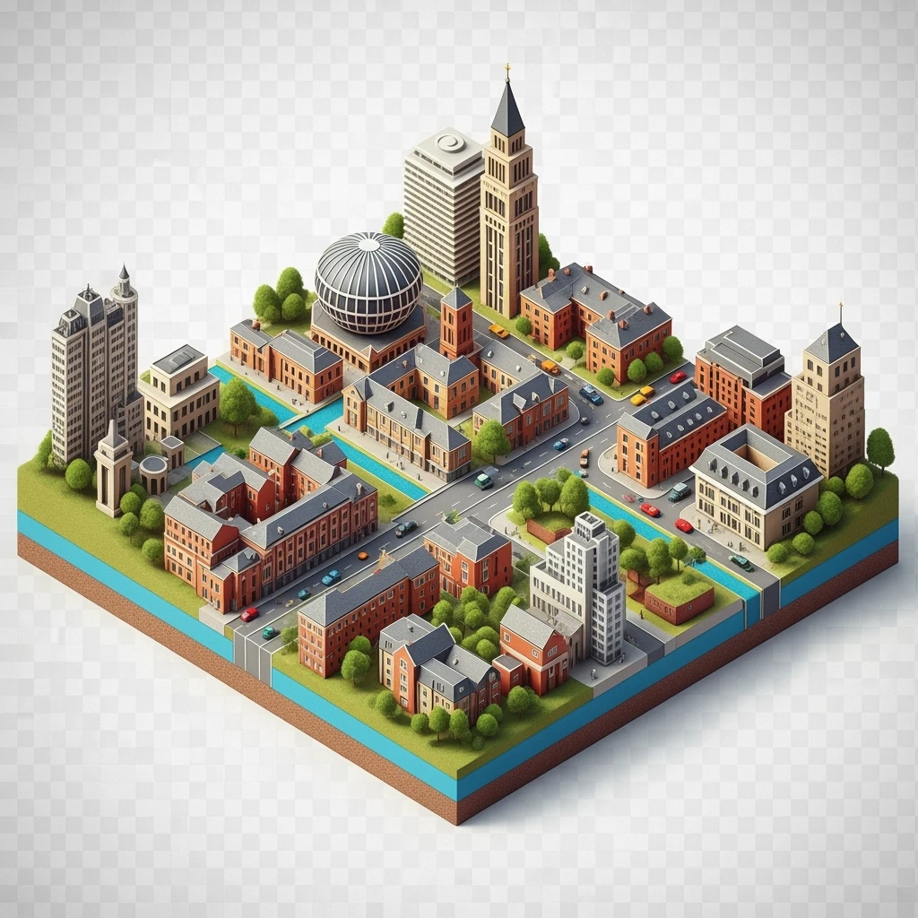 Isometric illustration-model of Birmingham, balanced between stylized and realistic, 3D miniature effect, transparent background. emoji
