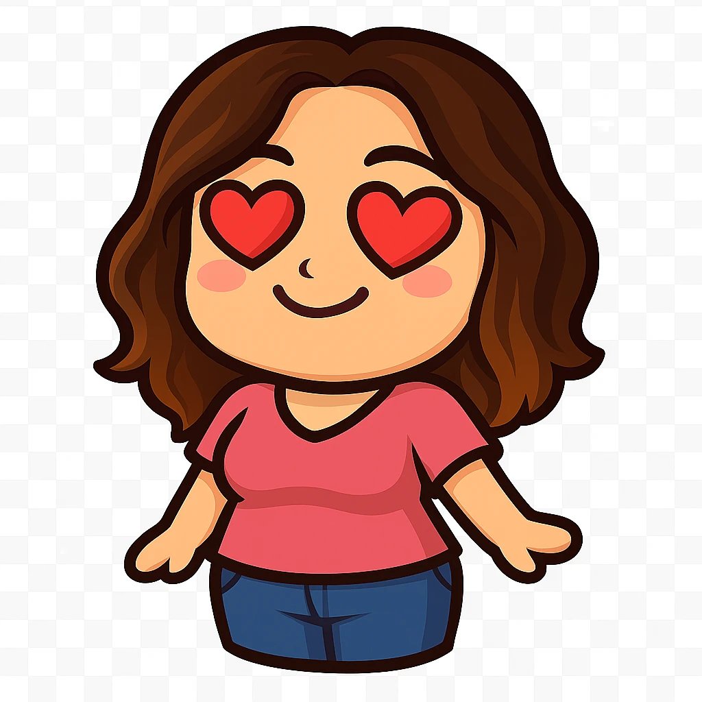 Sticker style chibi emote, matching the attached green heart emote as a base, but with a slightly skinnier body and a bigger chest. Woman from reference, pink t-shirt and blue jeans, heart eyes, cute loving face, no headband, no wand, no green heart, transparent background. Top color should not match jeans. emoji