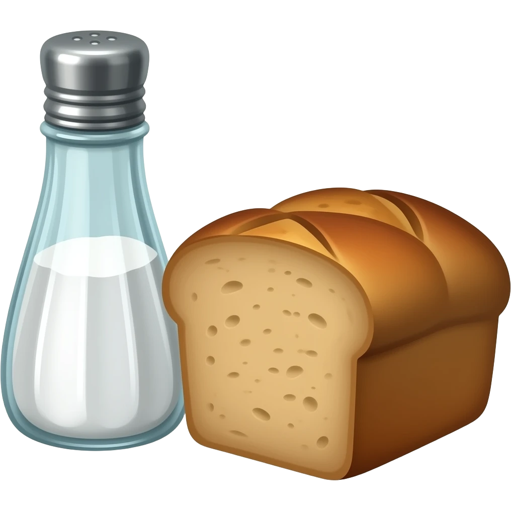 a bottle of salt (salt shaker) and a loaf of peasant bread - still life composition vintage emoji