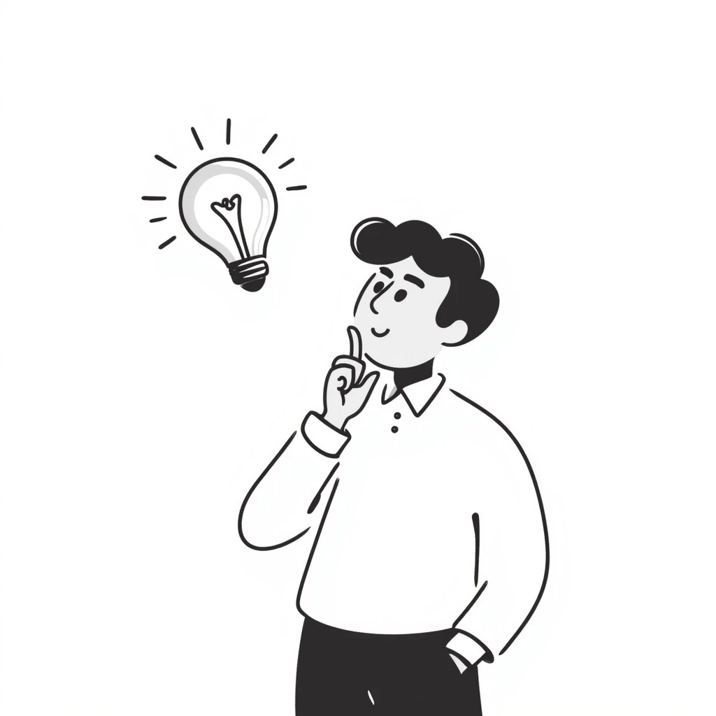 Elon Musk in a hand-drawn doodle style, with a lightbulb above his head, creative expression emoji