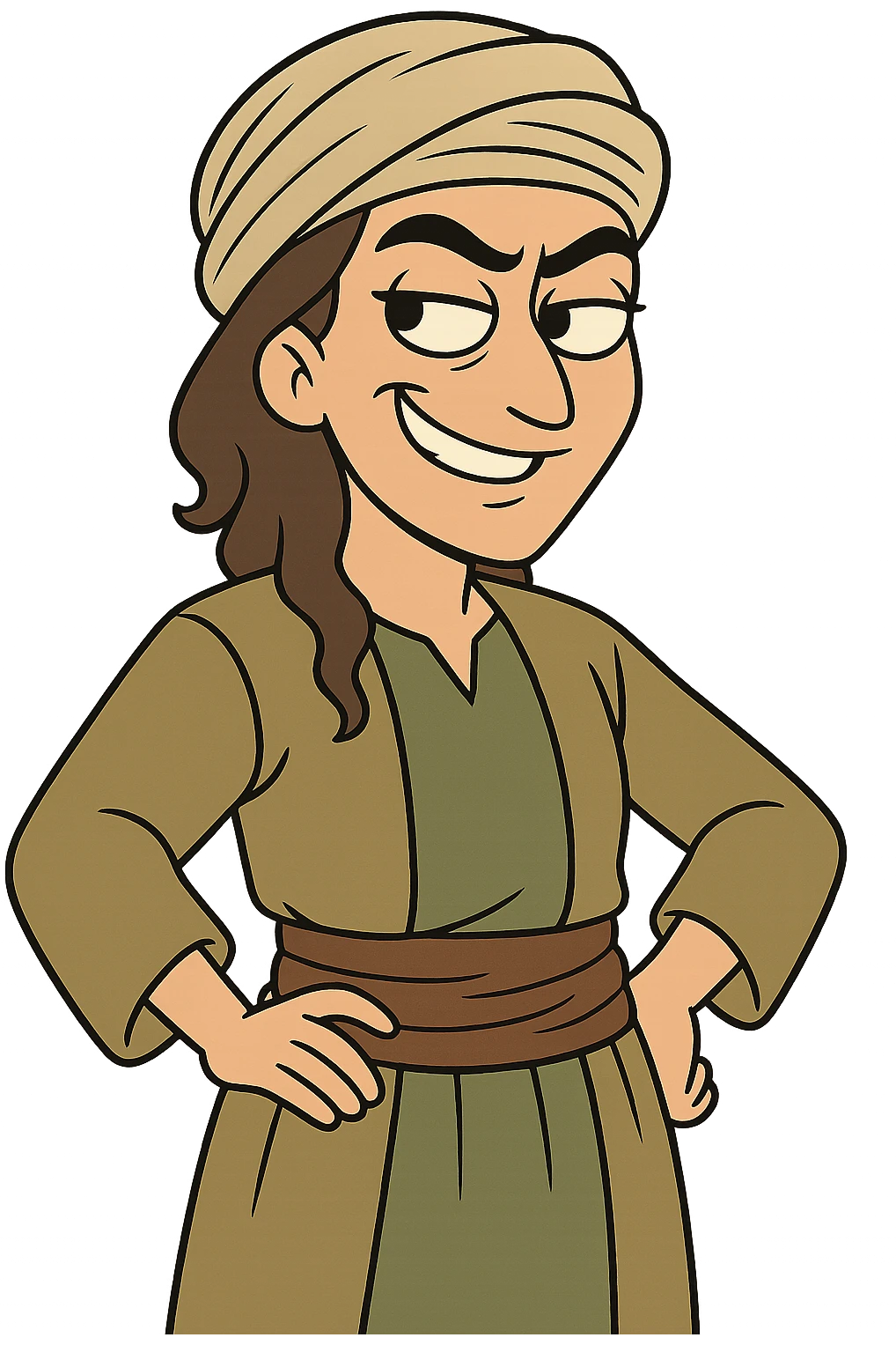 Kurdish man or woman in jamadani, cartoon style, feeling mischievous, sly smile, one eyebrow raised, no text emoji