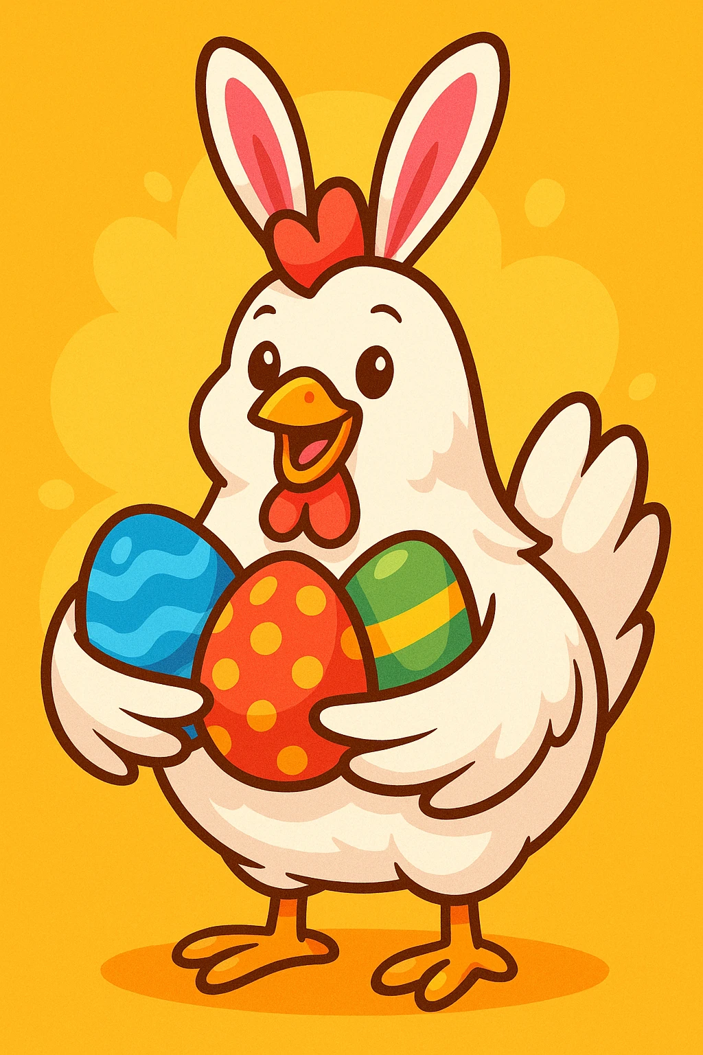 a white hen with pink bunny ears, holding colourful eggs, vibrant cheerful style emoji