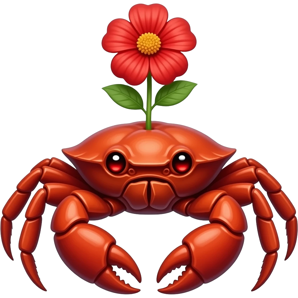 A red crab with a red flower growing on its back on its back red eyes glowing eyes facing forward emoji