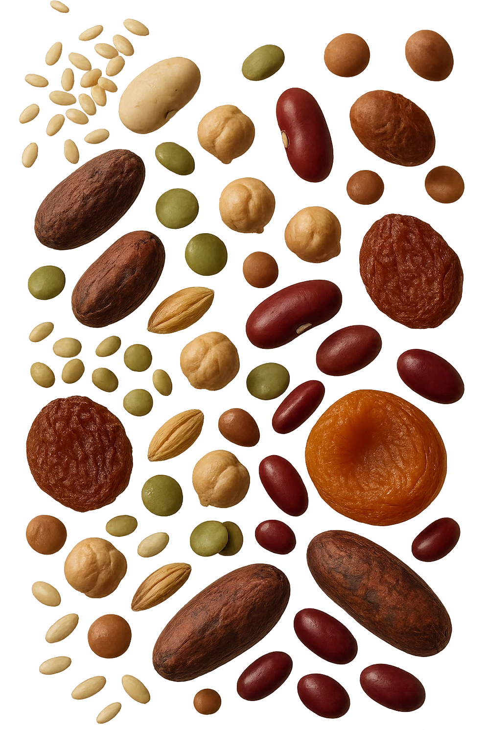 semi, frutta secca, legumi, cereali integrali, cacao amaro fluttuano in aria , iperrealistici 4k emoji