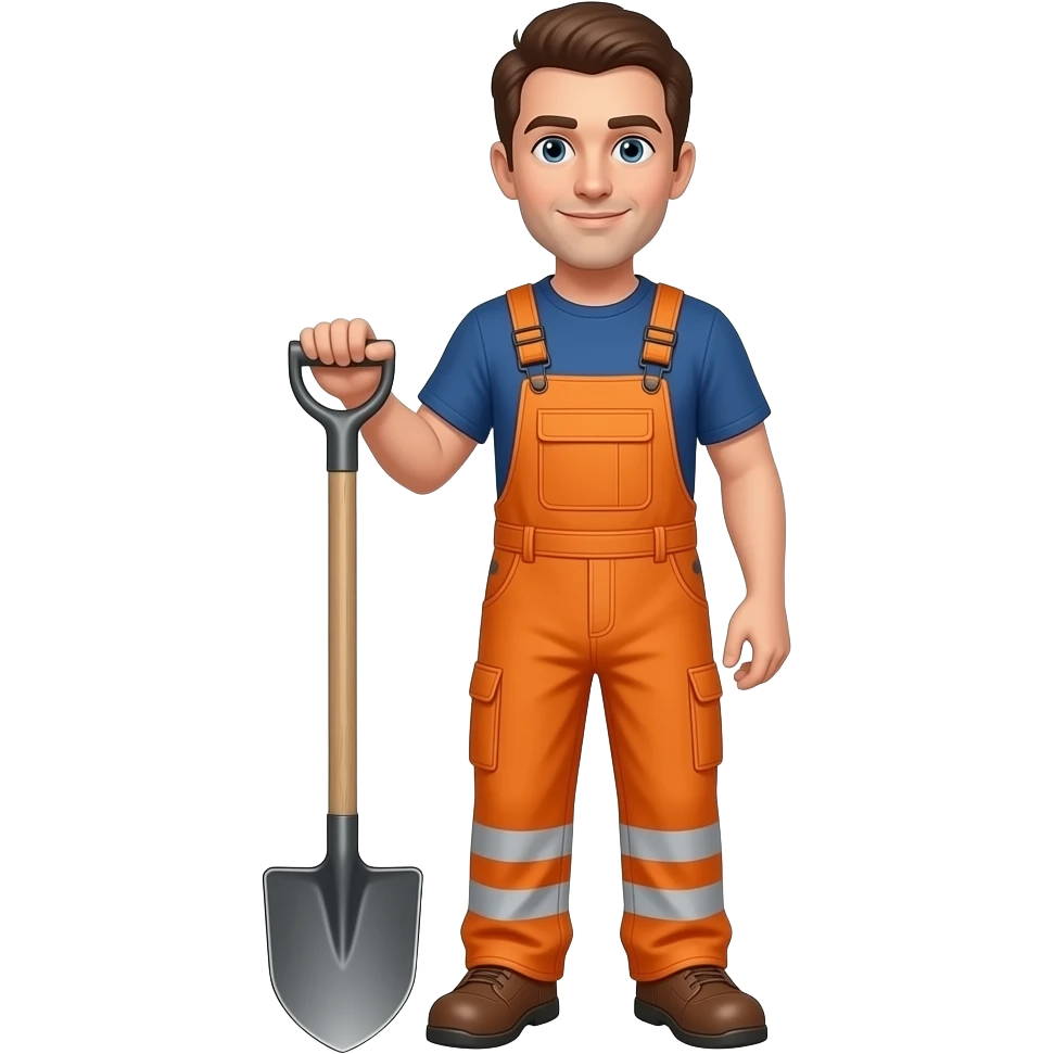 1 man in orange hi-vis overalls standing with a shovel emoji