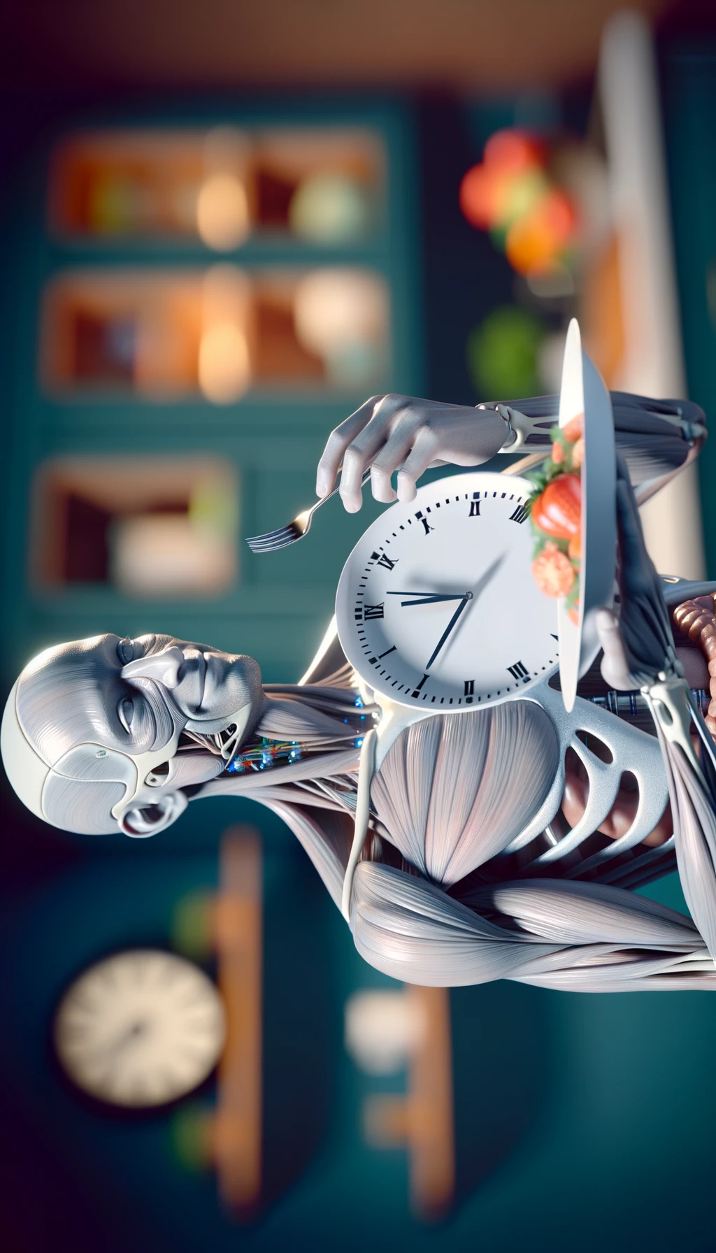 corpo umano anatomico, che tiene in mano un piatto bianco con la lancette di un orologio sopra, figura visibile fino ai fianchi, espressione del volto soddisfatta, sullo sfondo la sua cucina sfocata, iperrealistico 4k emoji