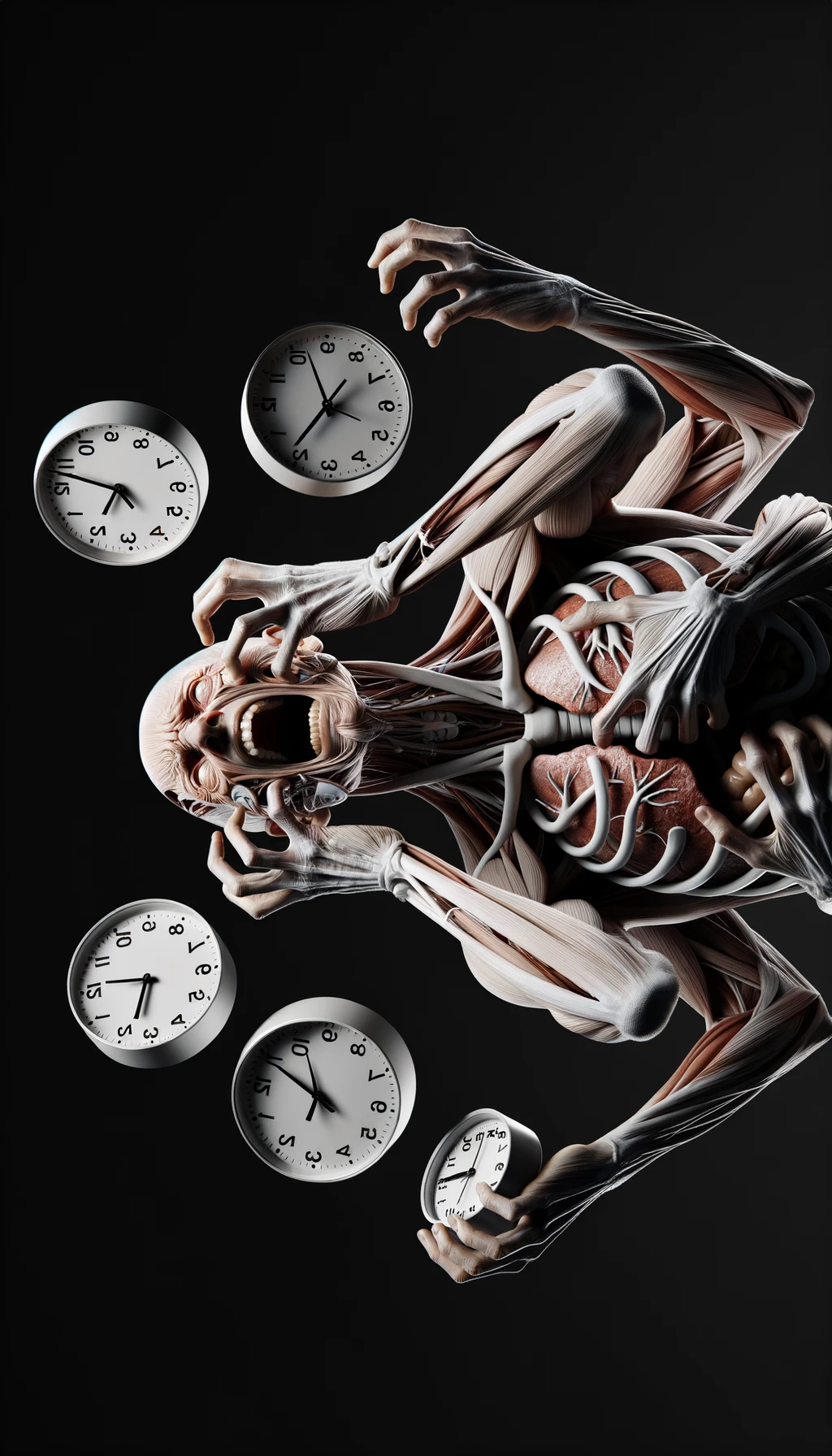 corpo umano anatomico CHE TIENE OROLOGI NELLE MANI E STA IMPAZZENDO PERCHé NON RIESCE A SVOLGERE TUTTE LE SUE ATTIVITà QUOTIDIANE: NON HA TEMPO, iperrealistico 4k emoji