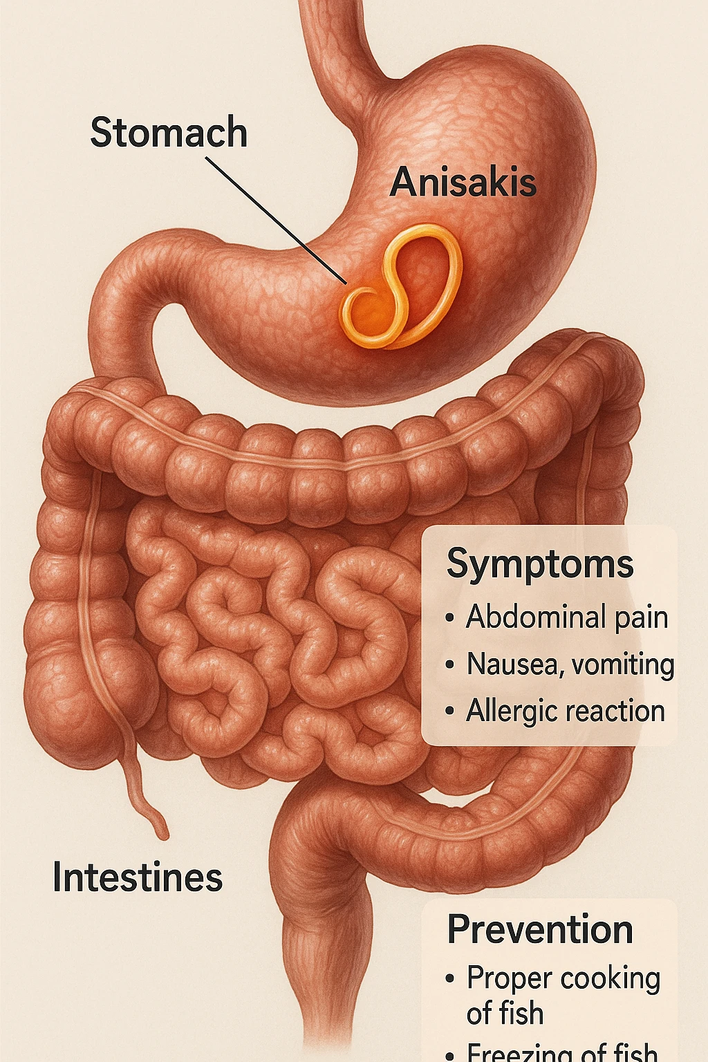 a cutaway view of the human digestive tract, showing an Anisakis larva attached to the stomach or intestinal wall. The parasite is highlighted in color, with surrounding tissue rendered in realistic detail. Educational labels describe symptoms and prevention. emoji