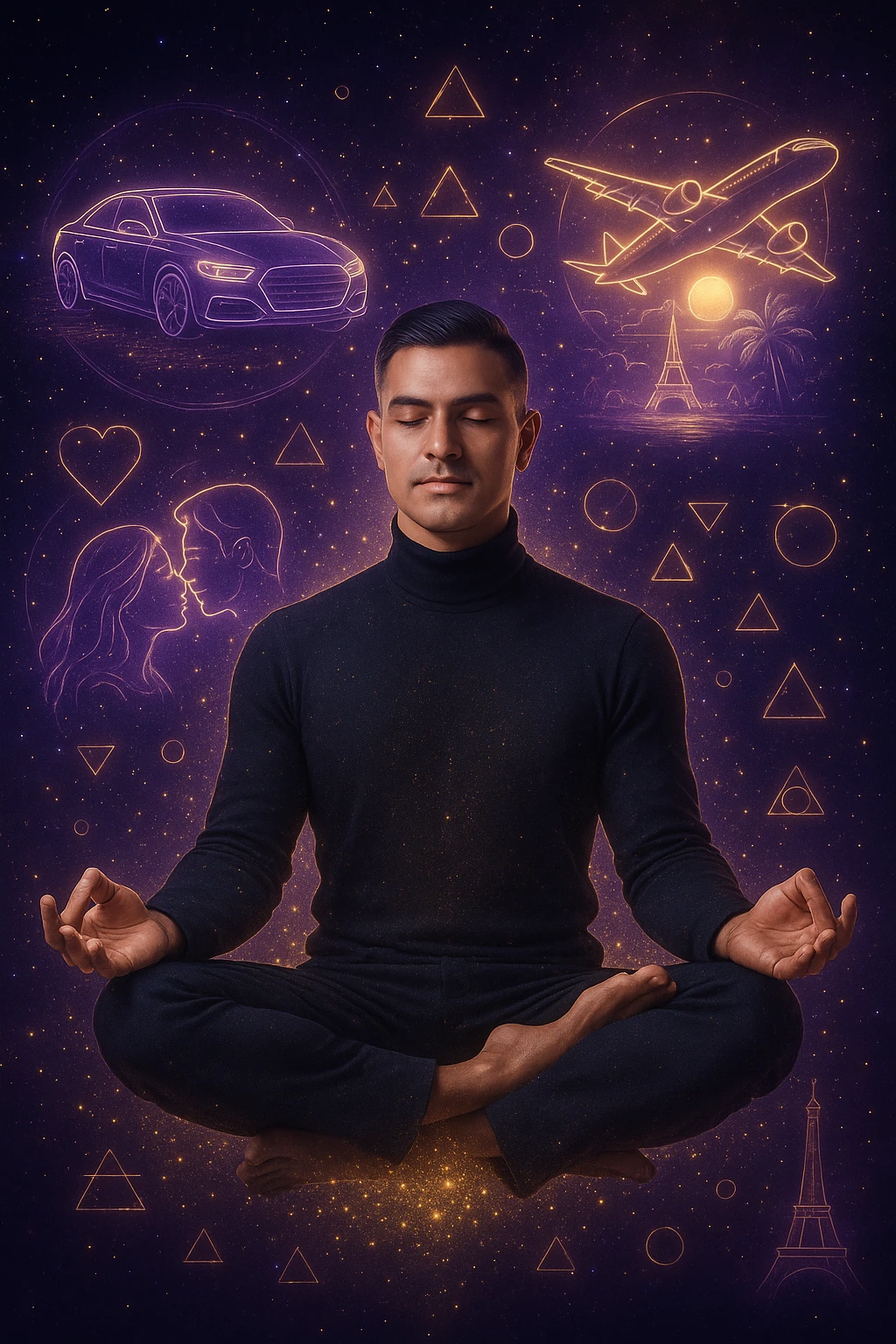"Un uomo in meditazione fluttuante nello spazio cosmico, circondato da particelle dorate e simboli alchemici. Intorno a lui, oggetti e situazioni dei suoi desideri (auto, viaggi, amore) si materializzano come ologrammi luminosi. Stile cyber-mistico, colori viola e oro." emoji