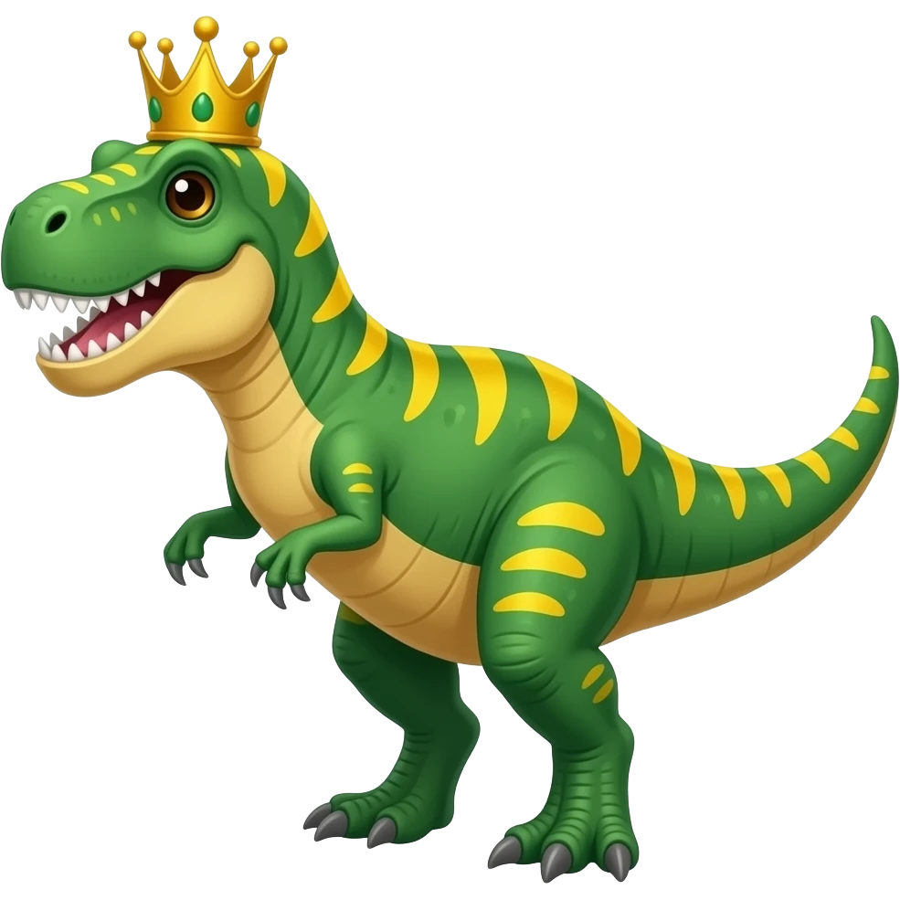 Un T-Rex de color verde con patrones amarillos y una corona emoji