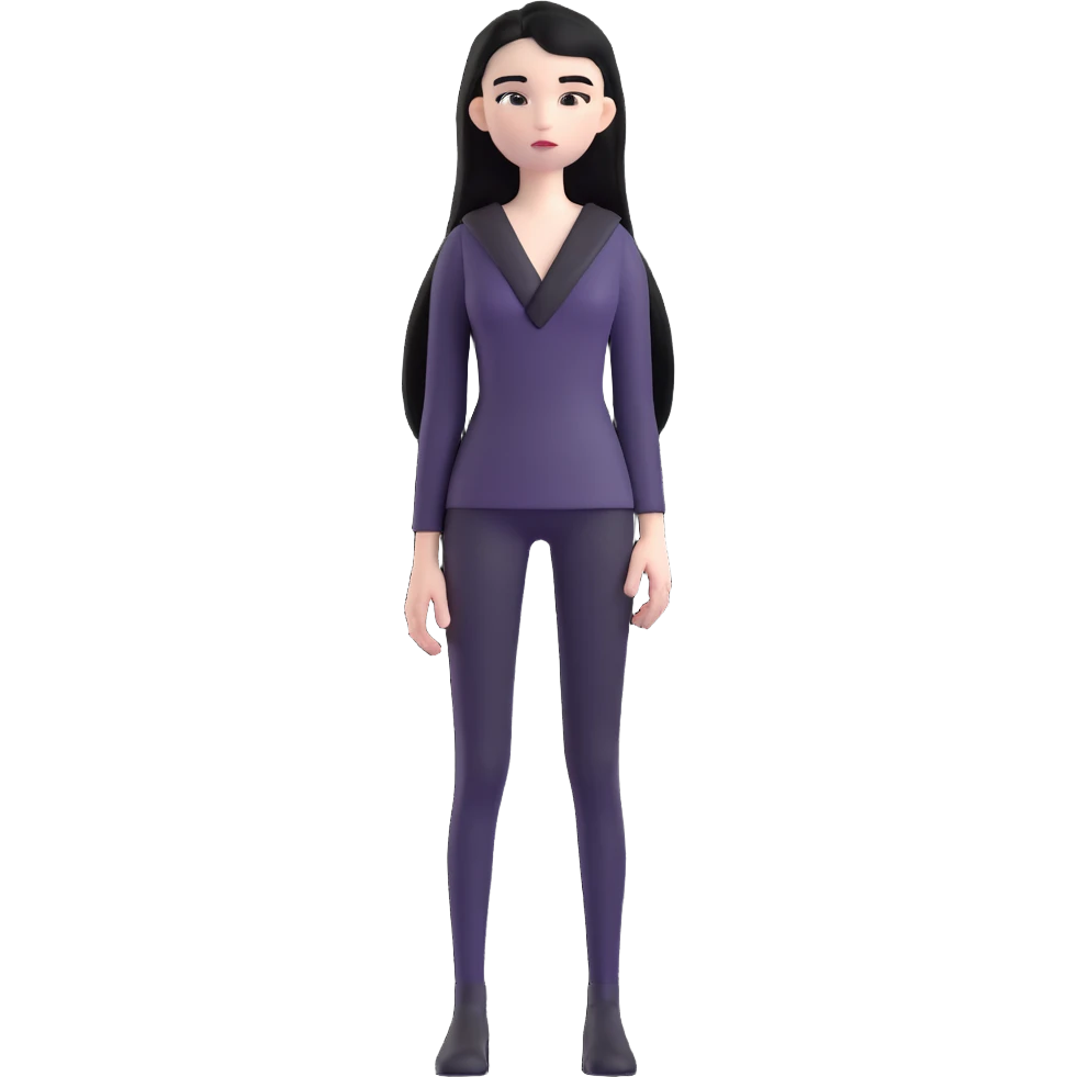 full body emoji of a girl with pale skin, long straight black hair, dressed in all black, standing still, neutral pose emoji