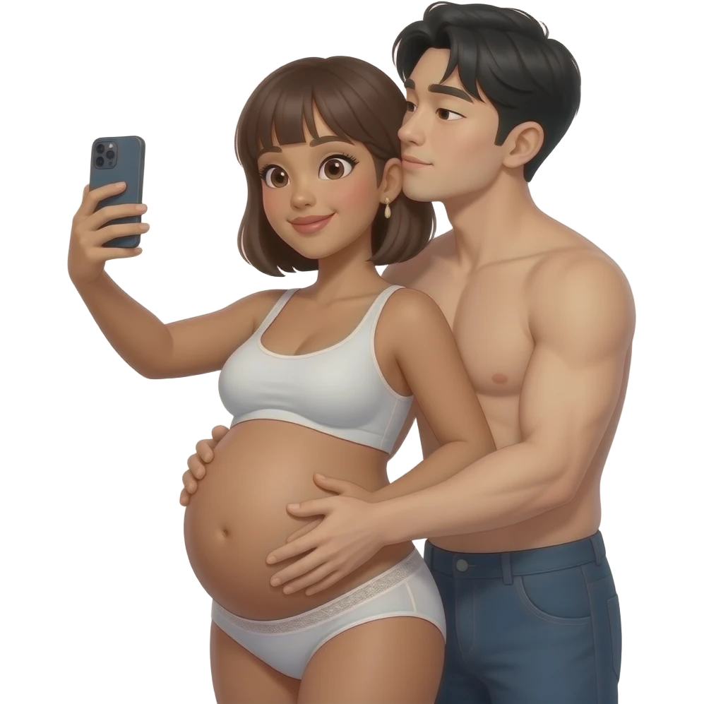 generate me a hot filipina with brown skin pregnant taking a mirror selfie with bangs and short hair with a hot korean guy with bangs hair besides her carrying her womb like doing a backhug. make them wear underwear. make the guy rest his head on the woman's shoulder like kissing her neck emoji