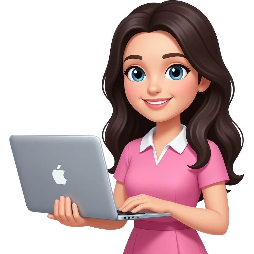 Teacher with MacBook she is long hair black black brown hair pink dress emoji
