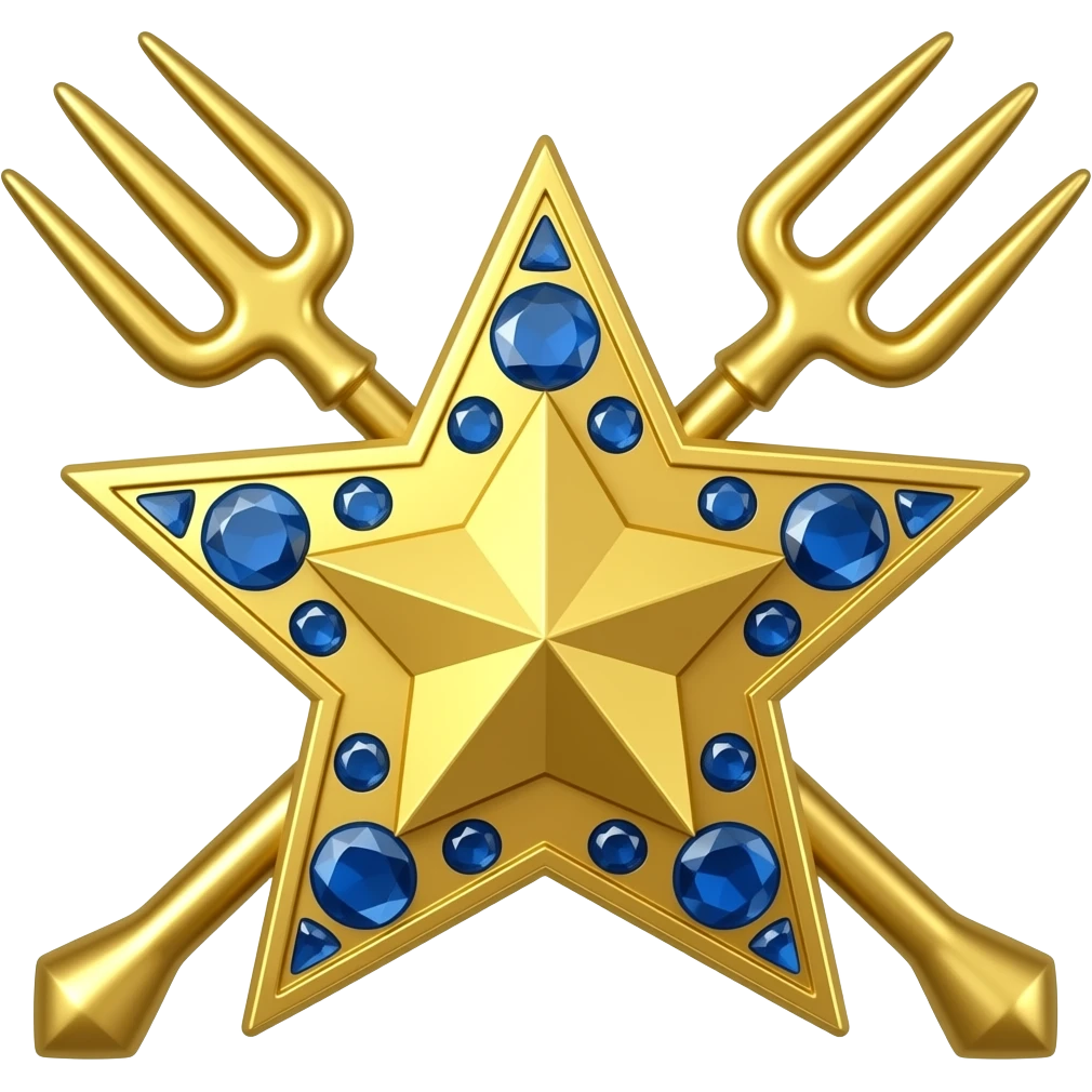 A gold six-pointed star encrusted with royal blue stones with two gold pitchforks behind it crossing one another like an “x” emoji