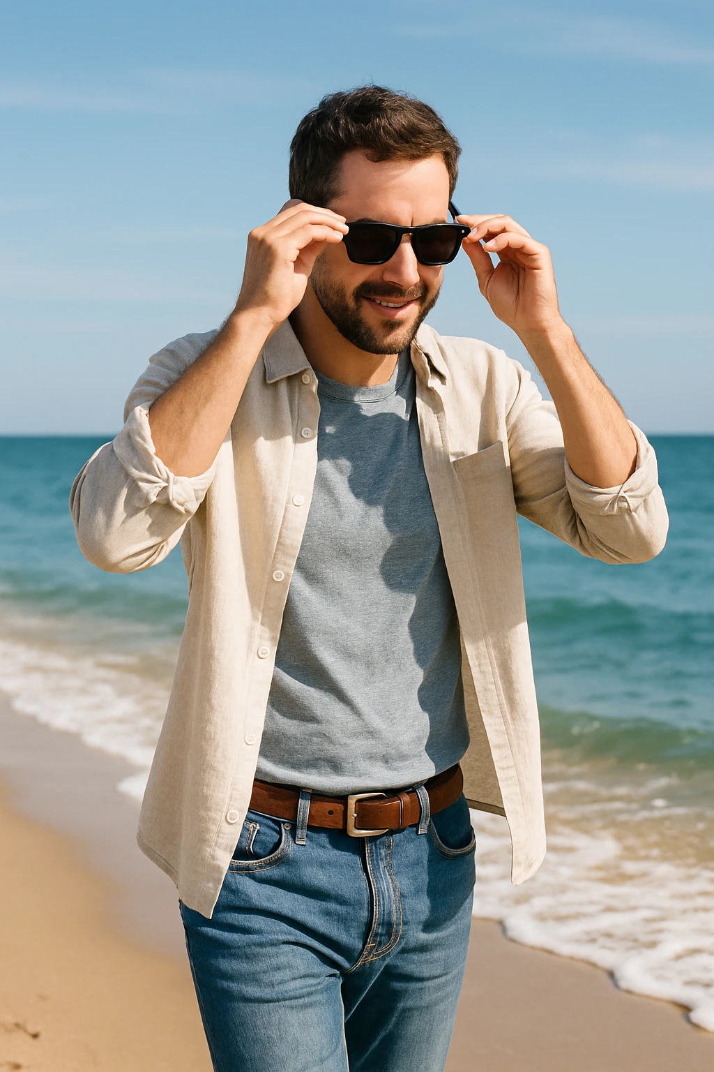uomo passeggia a mare e si mette gli occhiali da sole emoji