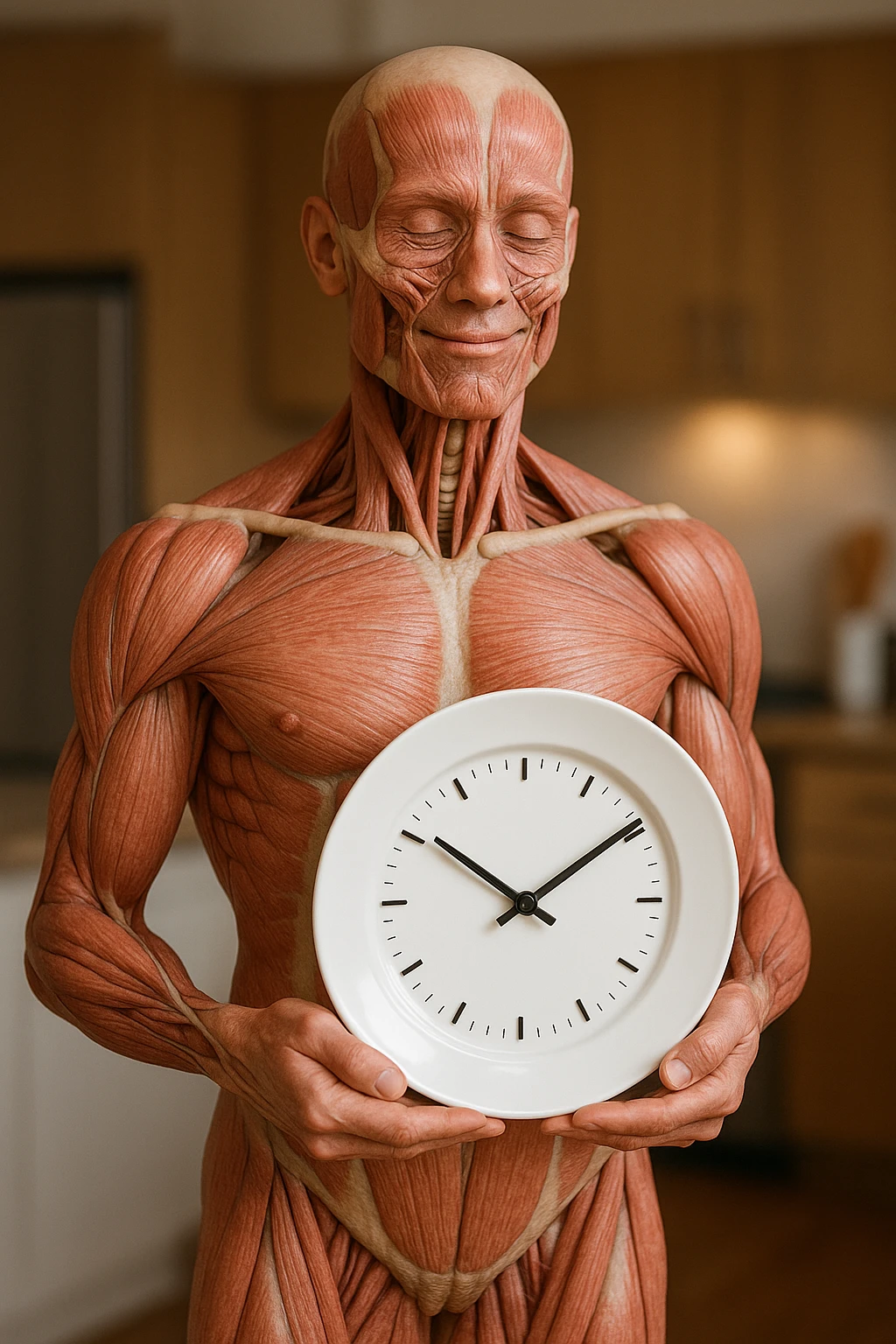 corpo umano anatomico, che tiene in mano un piatto bianco con la lancette di un orologio sopra, figura visibile fino ai fianchi, espressione del volto soddisfatta, sullo sfondo la sua cucina sfocata, iperrealistico 4k emoji