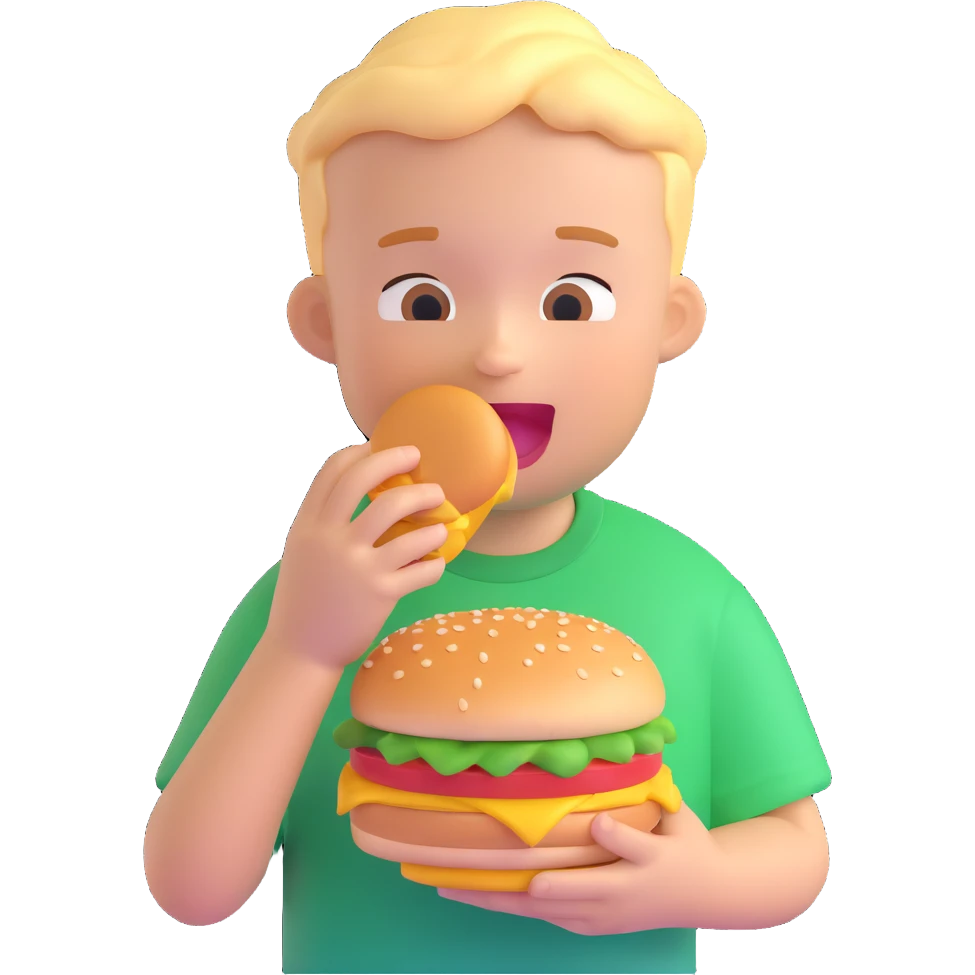 kid eating a burger, wearing a green t-shirt, 3D emoji style emoji