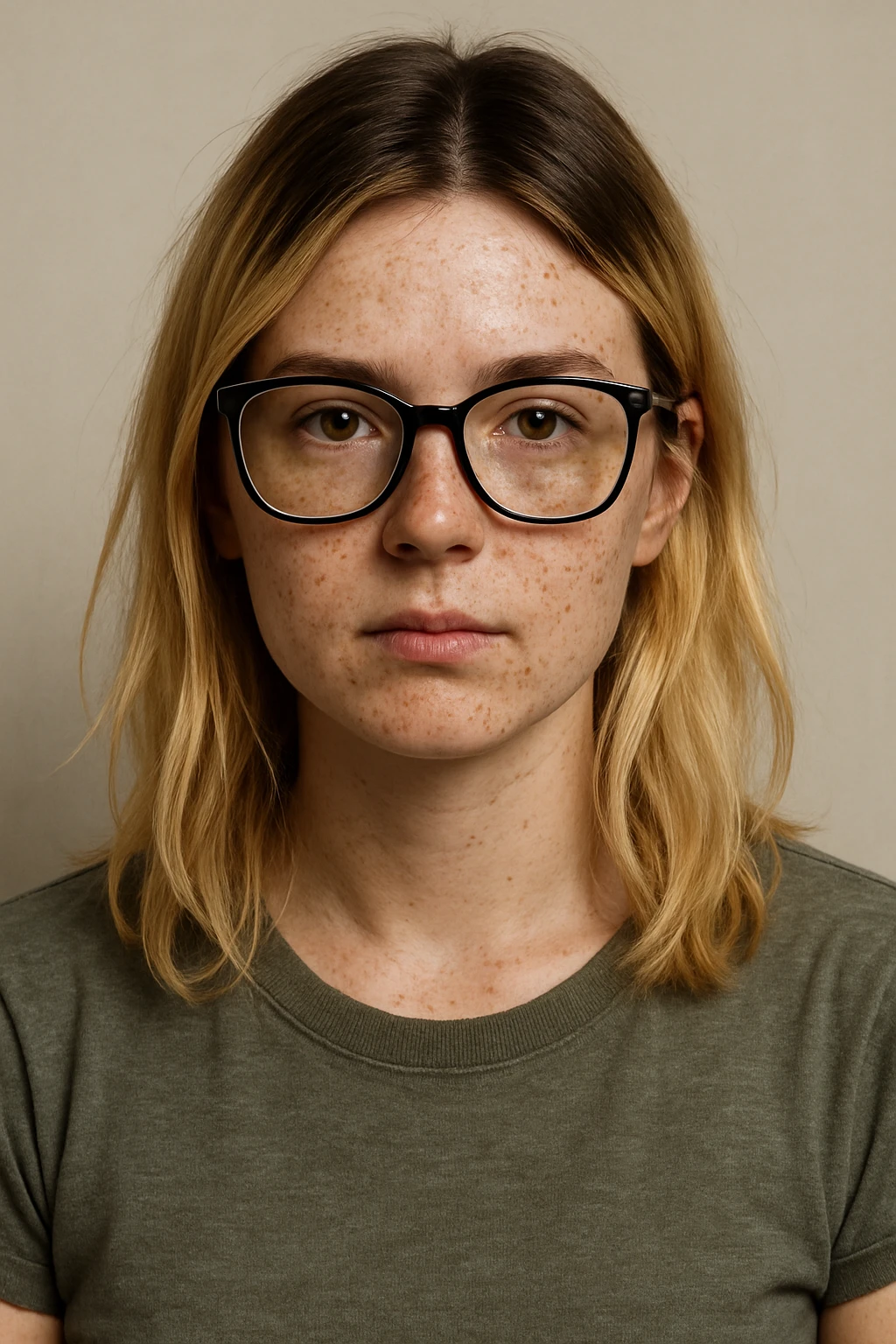 upper body portrait of a blonde girl with visible brown roots, freckles, and black frame glasses, neutral background emoji
