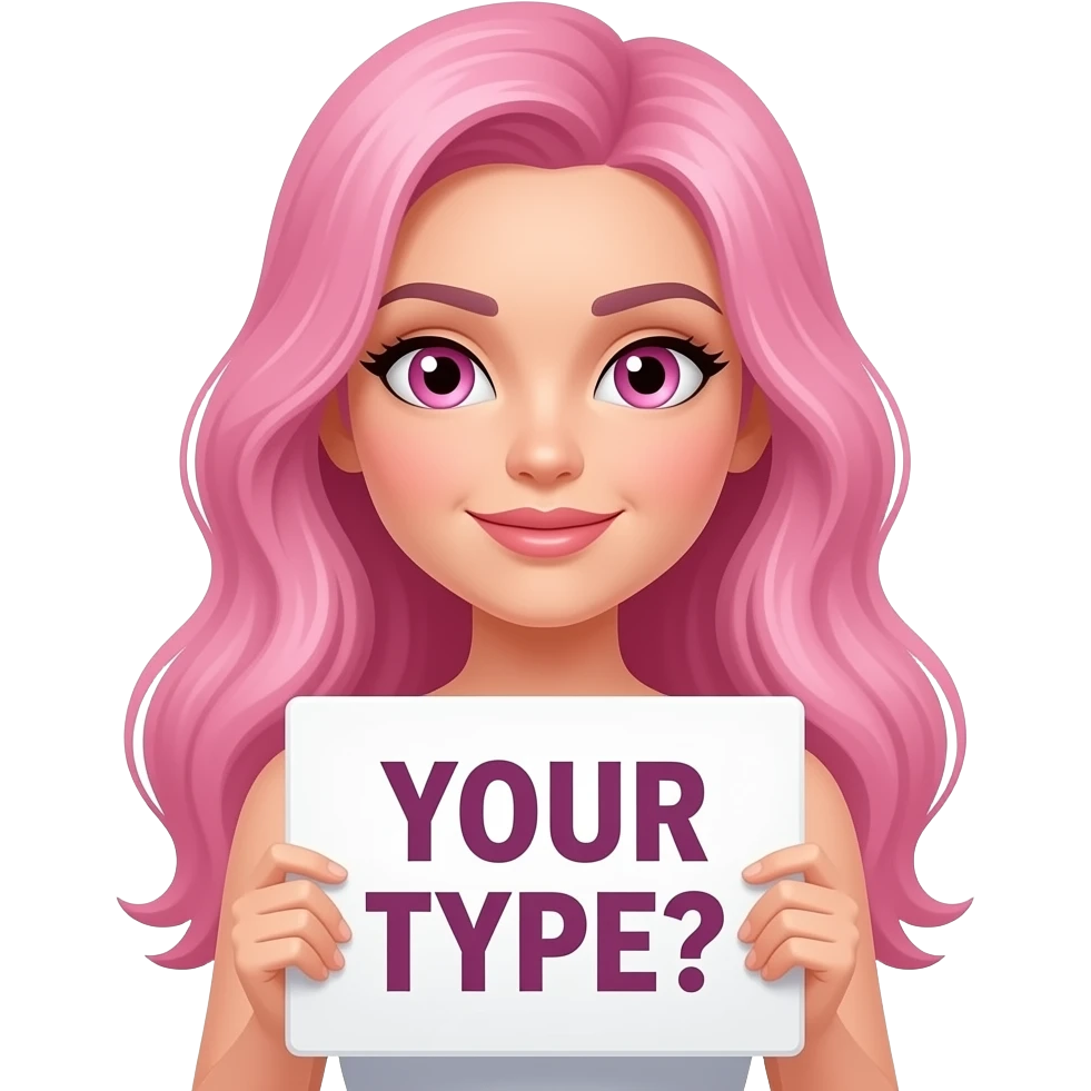 sexy girl with long pink hair and pink eyes wearing a holding a YOUR TYPE? sign emoji
