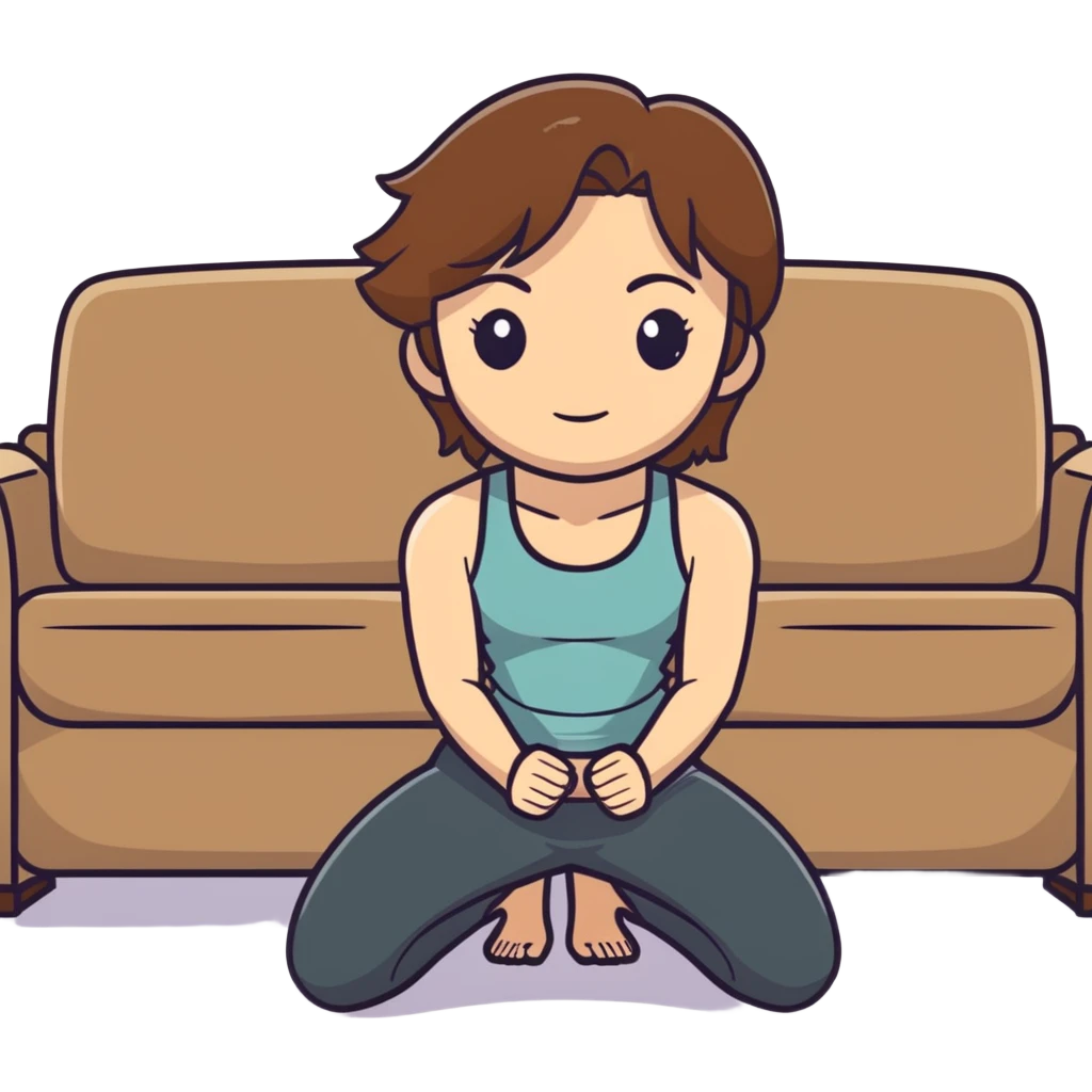 One Caucasian woman with brown hair big boobs wearing pants and a tank top, kneeling on the ground next to a couch with a bald man sitting on it.  emoji