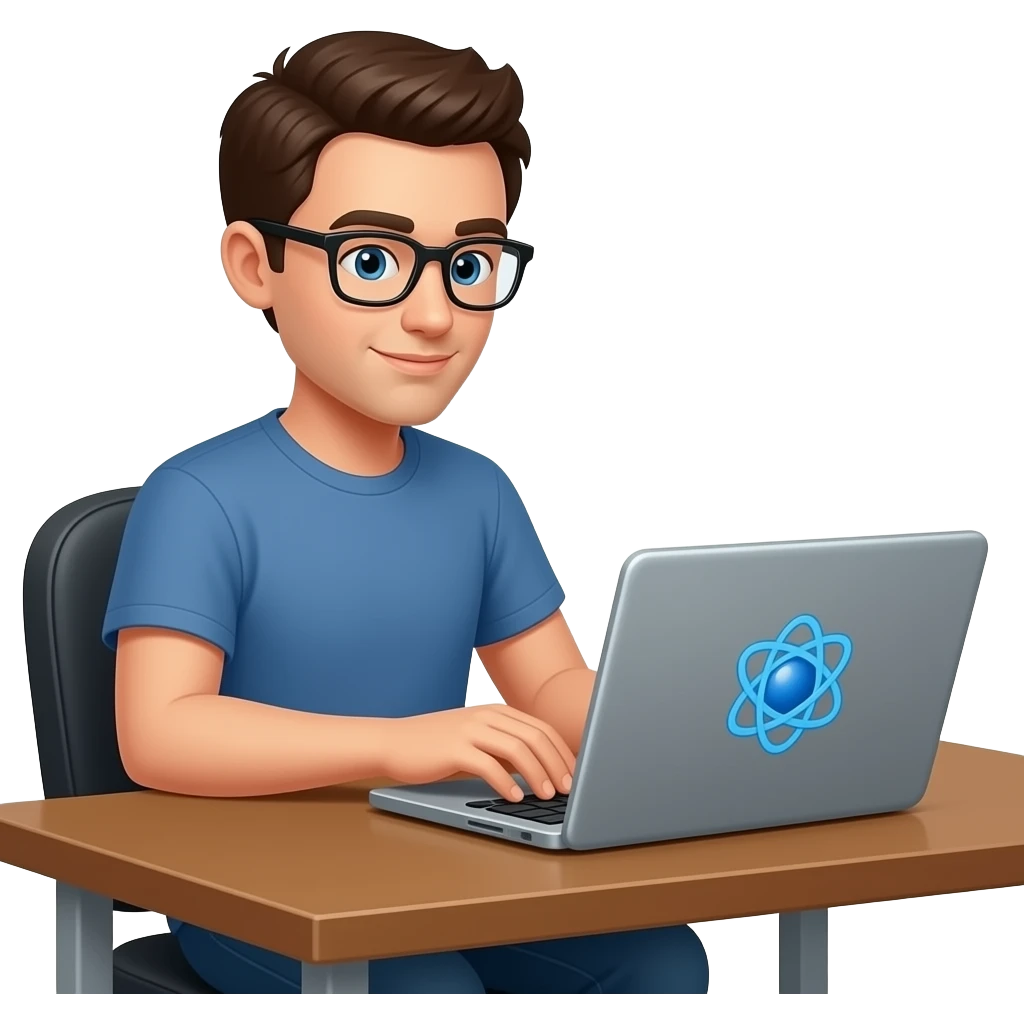 An ordinary web developer, sitting at a laptop, typing away; the laptop displays the “Electron” logo—a software framework—featuring a blue atom emoji