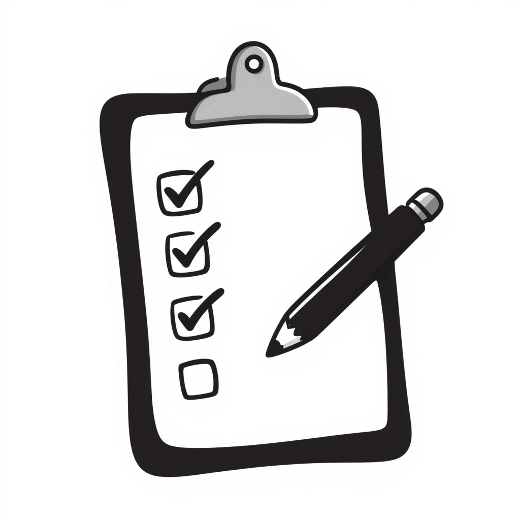 checklist on a clipboard, hand-drawn doodle style, clean and simple emoji