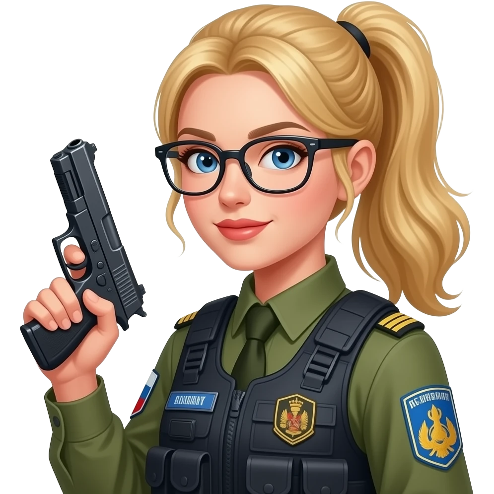 Sexy girl, blonde, side ponytail, blue eyes, slavic, glasses, security in military cloth, holding gun, emoji