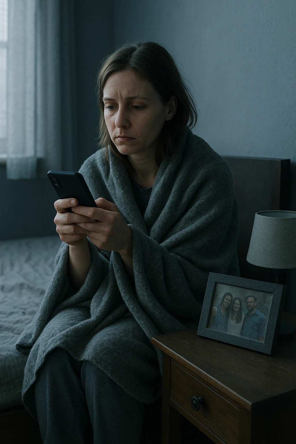 Donna tra i 30 e i 35 anni seduta da sola in una stanza, avvolta in una coperta, guarda il telefono ma non risponde ai messaggi. Sul comodino, una foto con amici, leggermente coperta dalla polvere. Sguardo perso nel vuoto. La stanza trasmette solitudine e distacco. Colori freddi, luce naturale tenue emoji