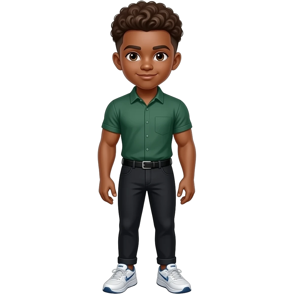 make a super hot brown skin colored 6th grader with fluffy brown low taper fade who has good muscles wearing a dark green shirt with big muscles with black pants and white hoka shoes emoji