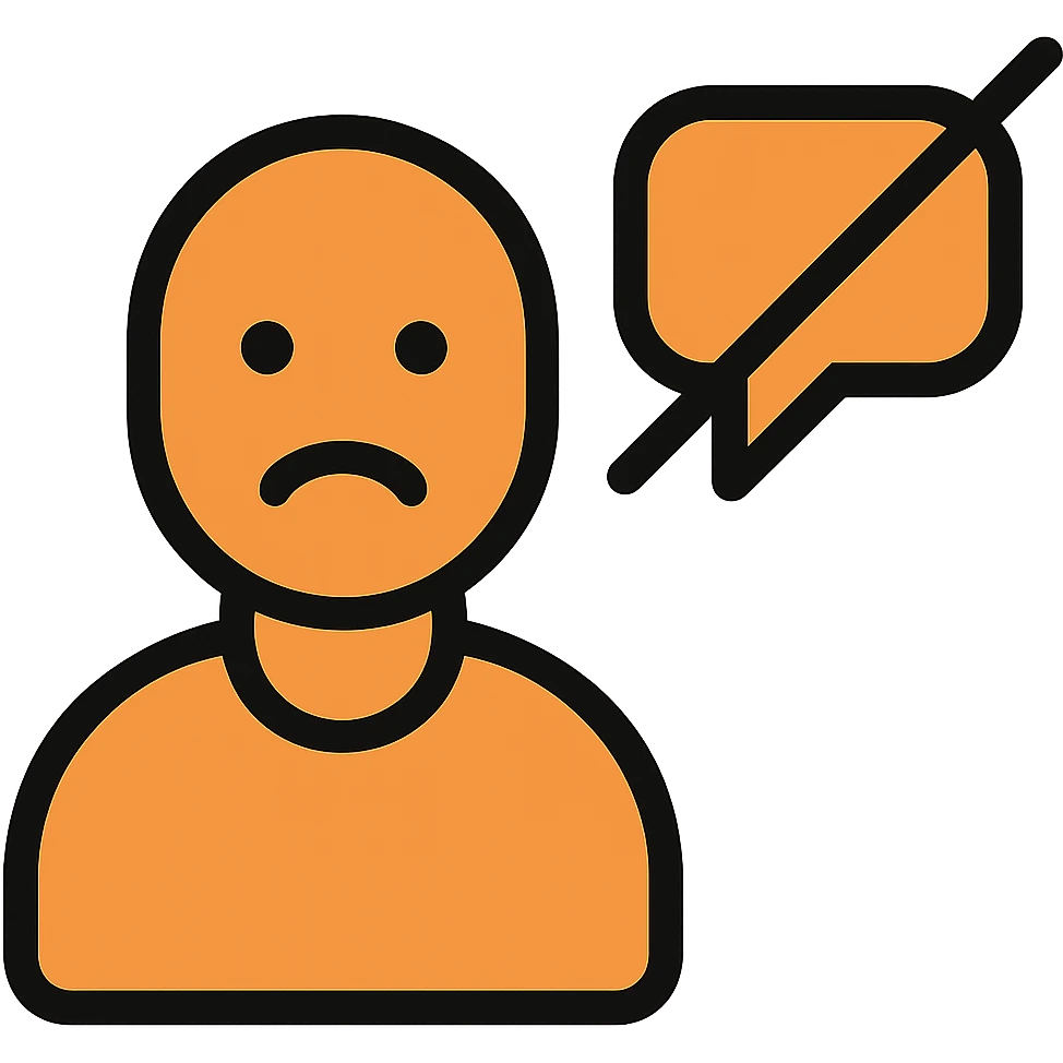 Disengaged user silhouette with a crossed-out chat bubble, orange and black outline, transparent background, lineal color icon with black outlines style. emoji