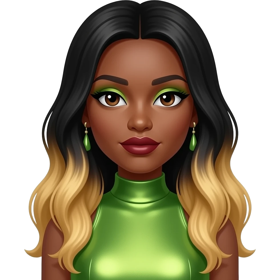 Shamari Fears from Blaque with dark brown eyes, long black hair with blonde ombre, lime eyeshadow, dark red lipstick, lime green metallic high neck dress, earrings emoji
