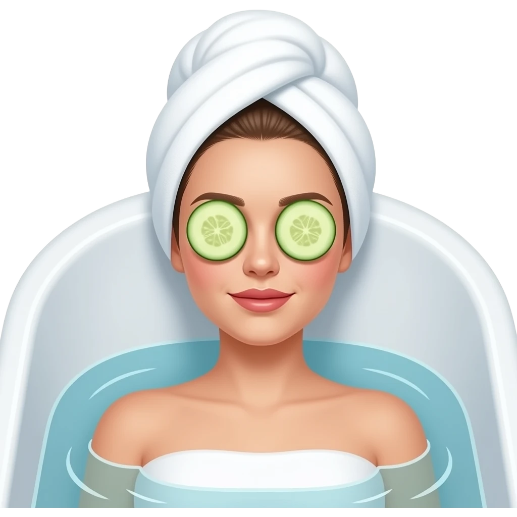White girl with brown hair laying in a bath tub with cucumbers over her eyes and her hair in a white towel emoji