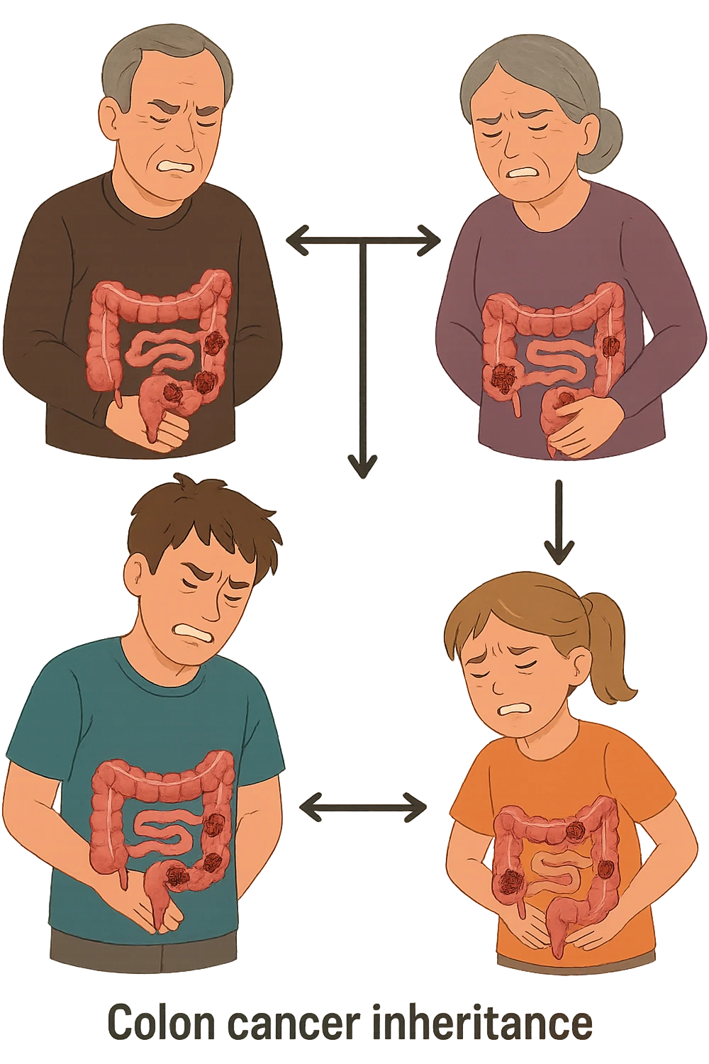 UNA SFILZA DI PARENTI TUTTE MALATE DI CANCRO AL COLON, SI TRAMANDO IL CANCRO NELLE GENERAZIONI, INTESTINO ANATOMICO VISIBILE ED ESPRESSIONE DI DOLORE IN VOLTO, MAL DI PANCIA emoji