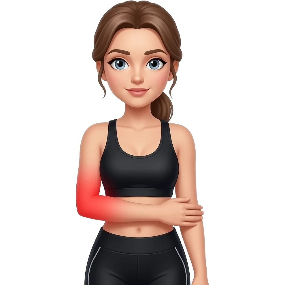 arm pain, red glow on arms, woman holding one arm, fair-skinned woman, gray-blue eyes, ash brown brows, ash light brown hair tied back, slim athletic body, black workout set, white background emoji