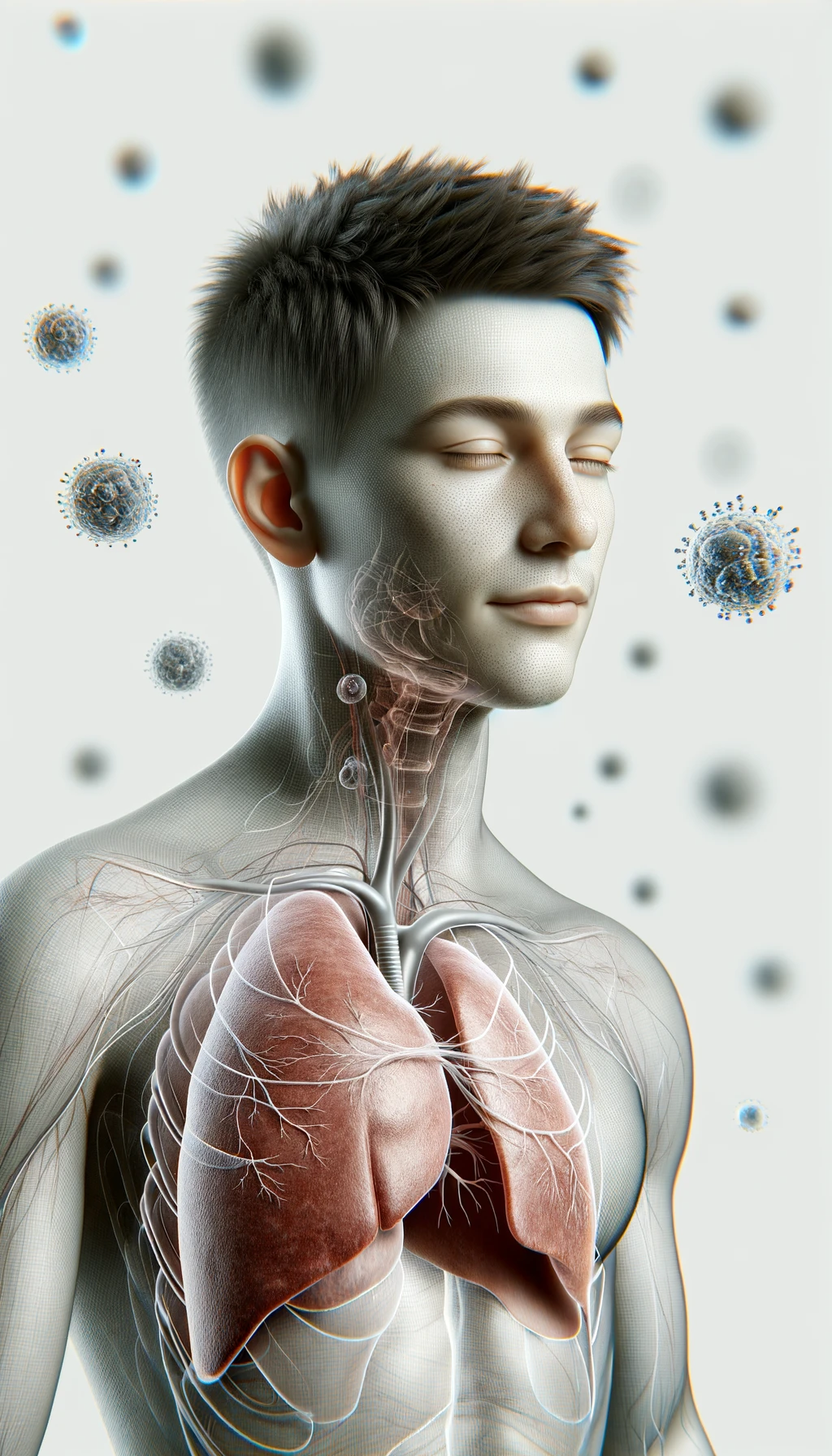 corpo umano anatomico con capelli corti e gli occhi chiusi, intorno a lui fluttuano cellule, fegato in evidenza, ha l'espressione rilassata, visto dal fianco iperrealistica 4k, isolato su sfondo bianco emoji