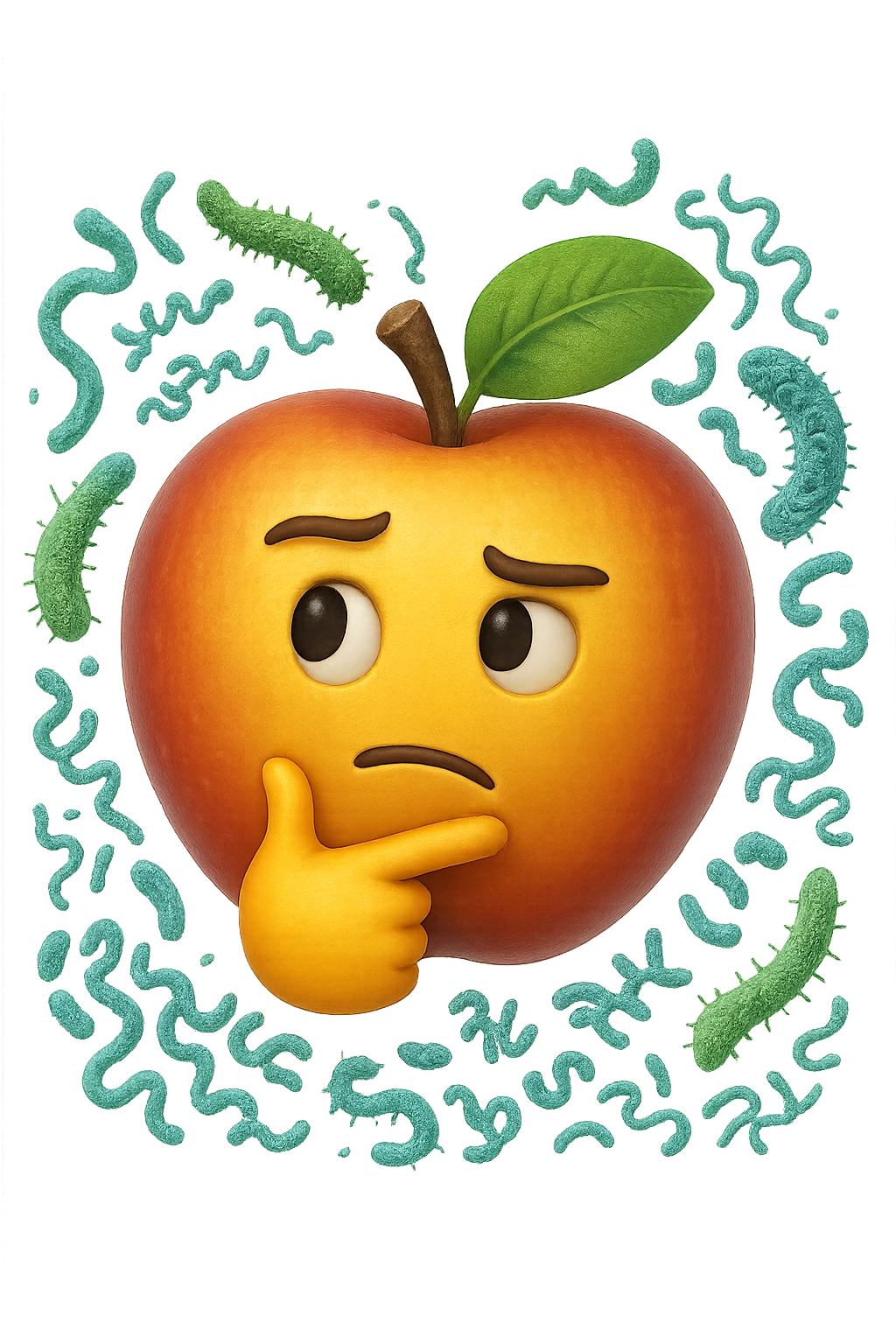 EMOJI STILE IPHONE DI una mela con espressione dubbiosa che intorno ha dei batteri intestinali, IPERREALISTICO 4K emoji