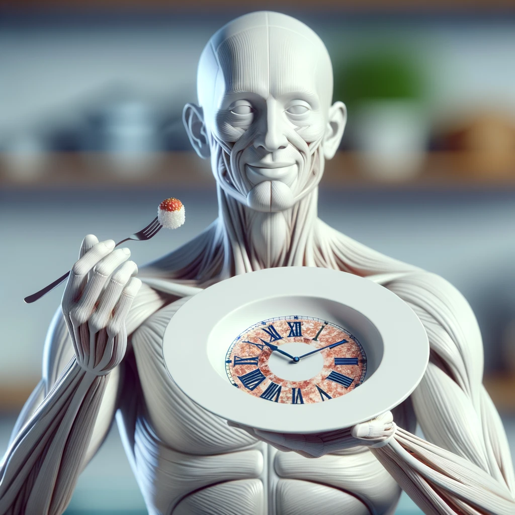 corpo umano anatomico, che tiene in mano un piatto bianco con la lancette di un orologio sopra, figura visibile fino ai fianchi, espressione del volto soddisfatta, sullo sfondo la sua cucina sfocata, iperrealistico 4k emoji