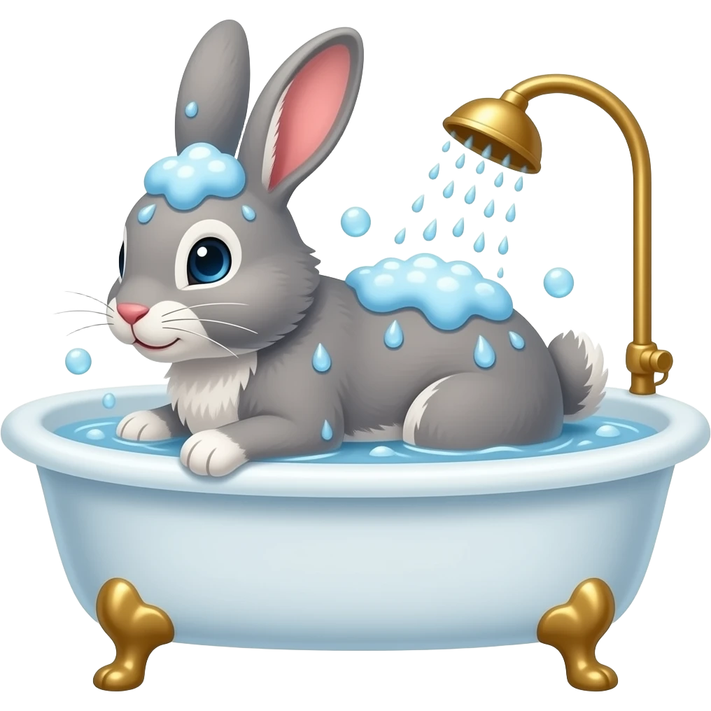 5. Then, grey bunny takes a shower in bath. 🐰 emoji