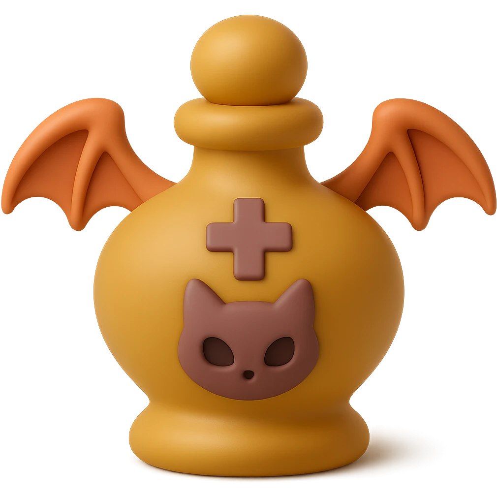 Create a mochi style gold goth potion bottle with a cat motif, soft and cute gothic look, no background. emoji