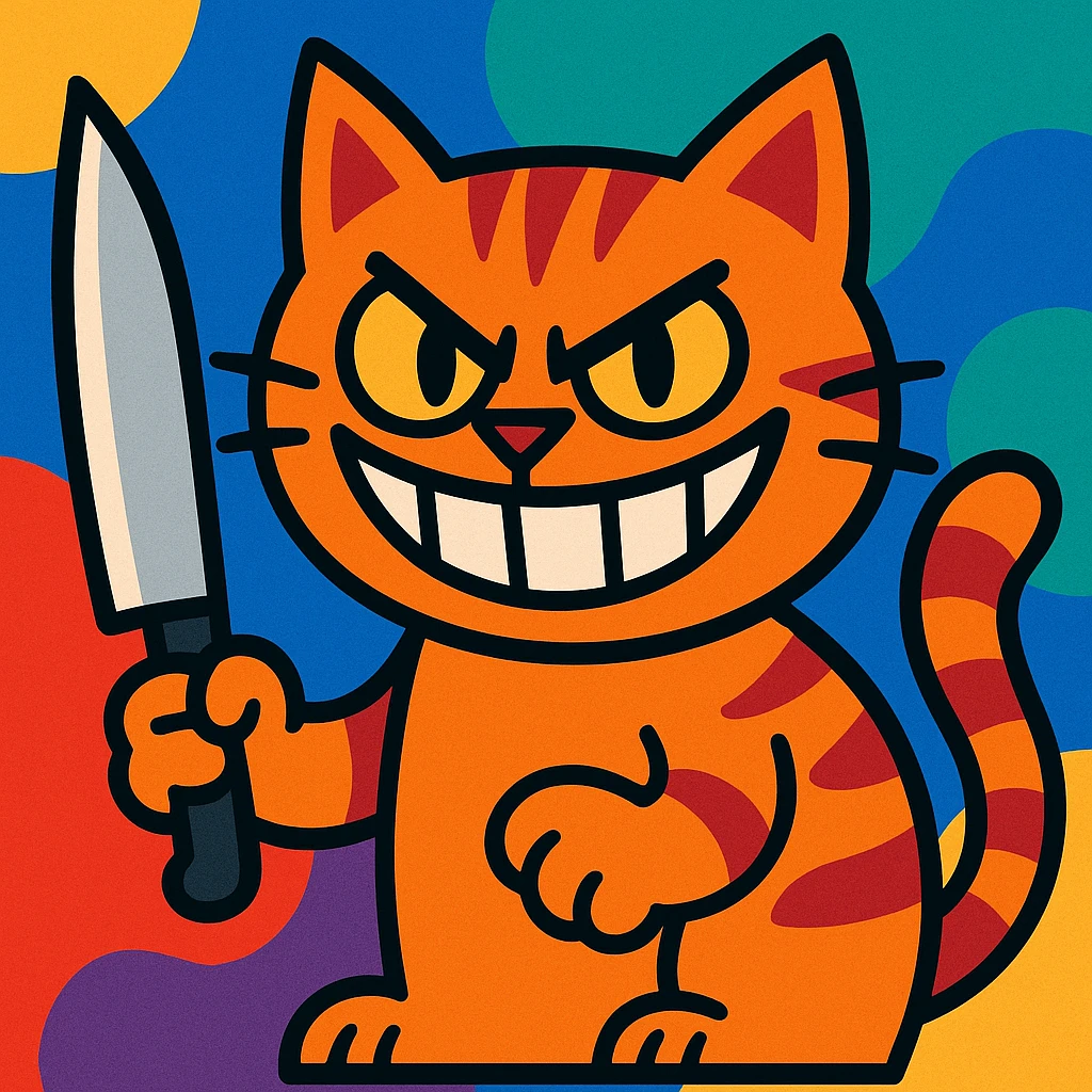 a mischievous cat with a knife and a wide menacing grin, cartoon style, bold colorful illustration emoji