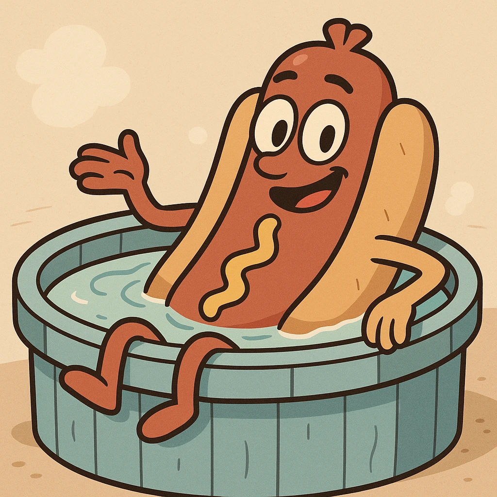 a cute cartoon hotdog relaxing in a hot tub, playful and whimsical style emoji