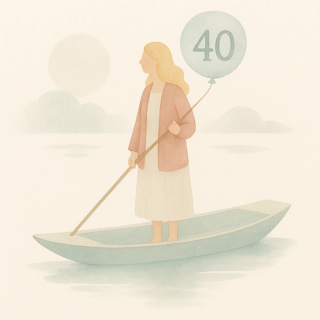 Make the woman have blonde hair and give her a 40th birthday balloon in a watercolor art style. emoji