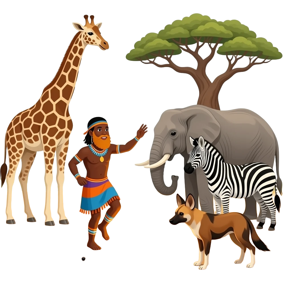 Traditional batswana dancers san people and one ginger-bearded hippie dancing around big fire in boabab savanna plains giraffe elephant zebras pangolin african wilddog emoji