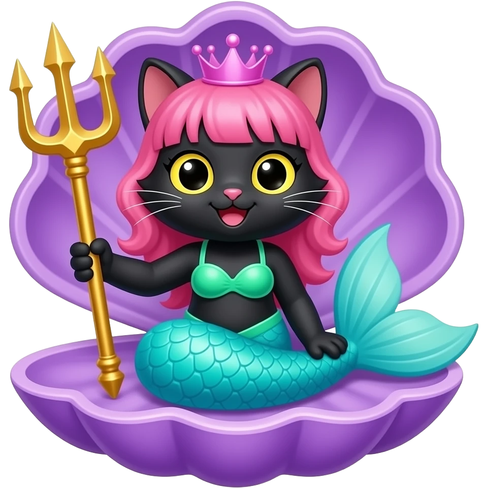 black anthro cat  happy #B8FFFF mermaid tail and   pink hair crown green swimsuit sitting on an open purple clam holding a  golden trident emoji