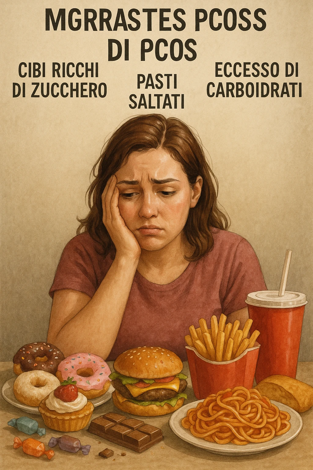 vertical realistic illustration in Italian: woman with PCOS making diet mistakes, surrounded by unsuitable diet foods, frustrated expression, captions in Italian, aspect ratio 2:3 emoji