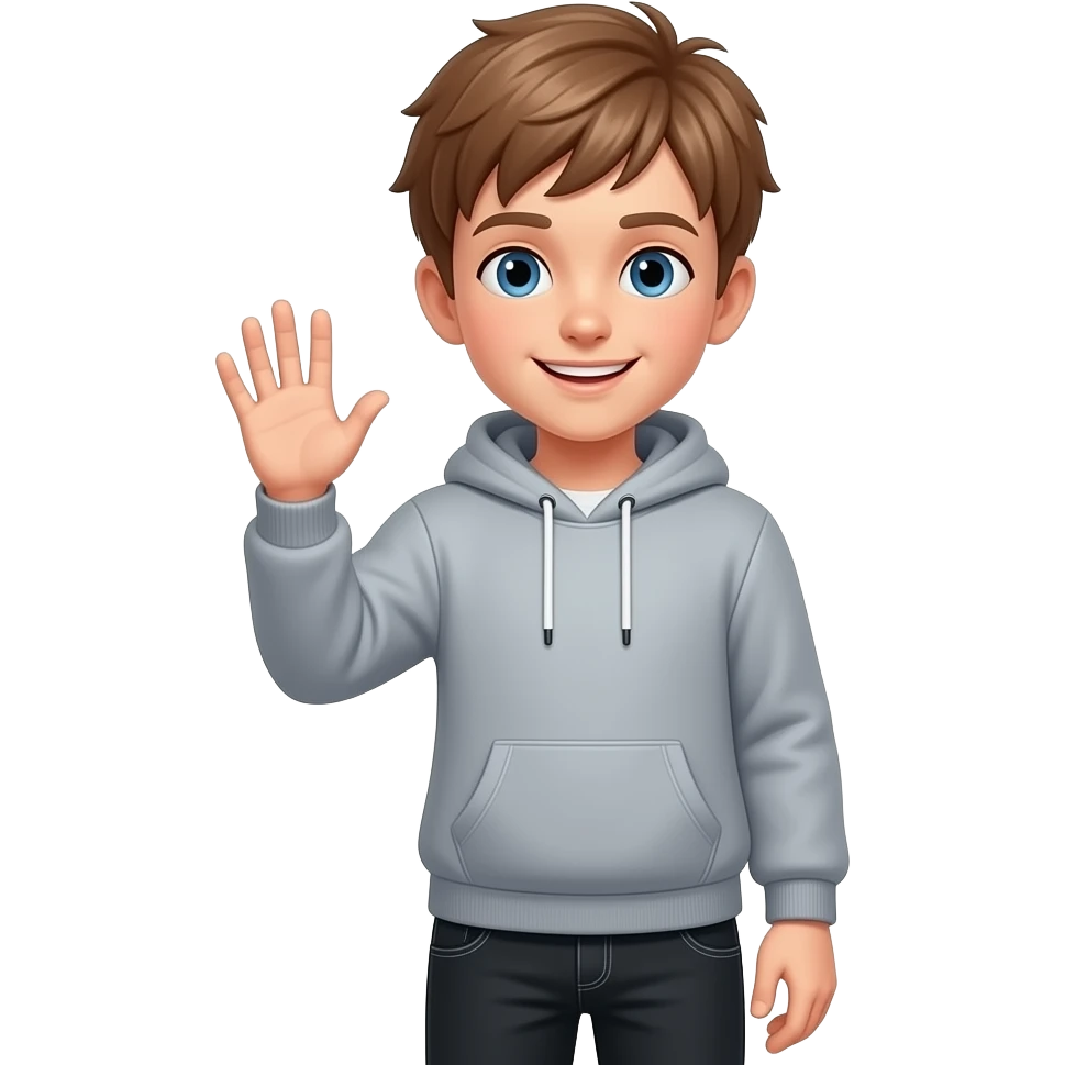 12 year old boy with short light brown hair and blue eyes wearing a hoodie and black pants waving hello emoji