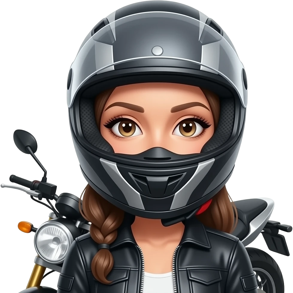 mulher com um capacete de mota que SÓ se ve os seus olhos ou seja a cara é quase toda tapada com o capacete menos os olhos porem aberto e que se veja os cílios bem grandes e a mota ao lado da mulher e a mesma com roupa de motoqueira com os olhos mais relaxados emoji